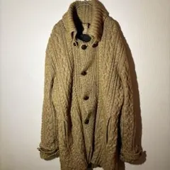 【個性派古着】ベージュ ケーブルニットセーター　カーディガン　ウール混紡　XL