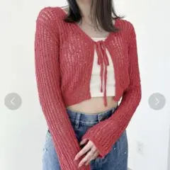 【美品】heather リボンメッシュカーディガン 赤