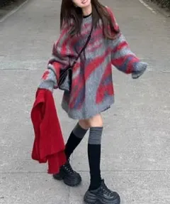 シャギージャガードニットトップス ビックシルエットニットプルオーバー