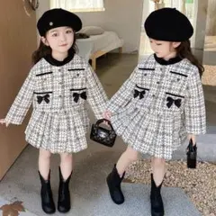 キッズ入学式スーツ２点セット小学校120卒園式ホワイト白ツイード女の子リボン黒