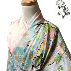 【たぬき亭】た1 着物 化繊 洗える着物 振袖 ピンク 花柄 御所車のサムネイル