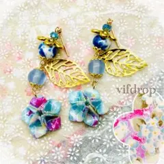 【水紫色紫陽花柄】もみじ型つまみ細工和紙&パステルブルーとんぼ玉の和モダンピアス