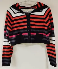 フード付き赤黒ストライプクロップドカーディガン 純綿製 春・秋・夏用