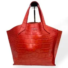 極美品　FURLA フルラ ハンドバッグ バーミリオン 朱色系　クロコ型押し