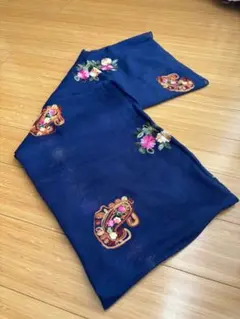 新品未使用品　青　刺繍　ストール　マフラー　手芸素材　布地　166cm