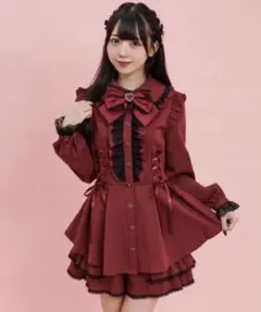 完売品]Secret Honey 袖スリットレースフリルセットアップ レッド