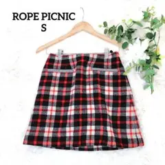 ロペピクニック ミニタイトスカート(S )赤チェック柄 ウール混フェイクポケット