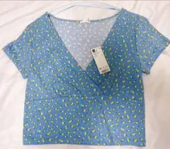 GU 花柄 カシュクール 半袖 Tシャツ ブルー XL