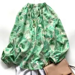 トゥモローランド 花柄 ピオニープリント ギャザーネック ブラウス グリーン