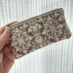 インド刺繍リボン　フラットポーチ　12cmファスナー
