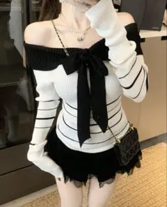 SHEIN オフショルダーリボンボーダーニット