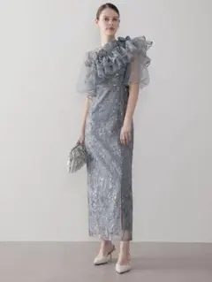 3WAYチュールラッフルフラワースパンコールIラインワンピースドレス結婚式二次会