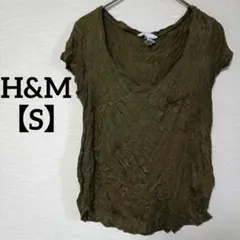 H&M【S】 オリーブ色 半袖Tシャツ フレンチスリーブ 胸ポケット カットソー