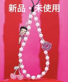 ベティちゃん ピンク パールビーズ スマホストラップ さくらんぼ チャーム付き