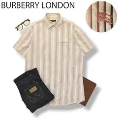 バーバリーロンドン 半袖 ロゴ刺繍 ボタンダウンシャツ M ストライプ柄 ピンク