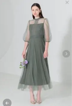 レジャ　S 結婚式　パーティー　ドレス　ワンピース　チュール　グリーン　ドット