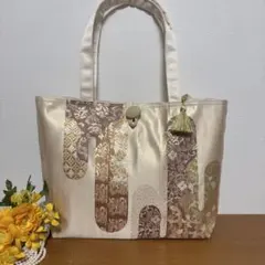 No.59 帯リメイクバック　グレージュ系上品 タッセル飾り房付き