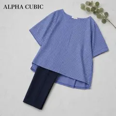 ALPHA CUBIC ストライプ切替 ボートネック 半袖ブラウス Mのサムネイル
