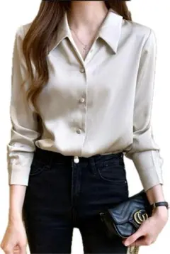 ブラウス レディース 長袖 シャツ 無地 着痩せ 通勤 通学 ノンアイロン　M