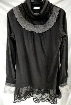 axes femme アクシーズファム黒 レース装飾 ハイネック 長袖 Mサイズ