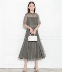 Leja ハイネック花柄レースウエストマーク透けロングドレスワンピース