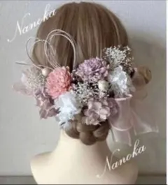 銀箔付♪ピンク髪飾り♪ドライフラワー♪成人式♪結婚式♪りぼん♪水引♪パール