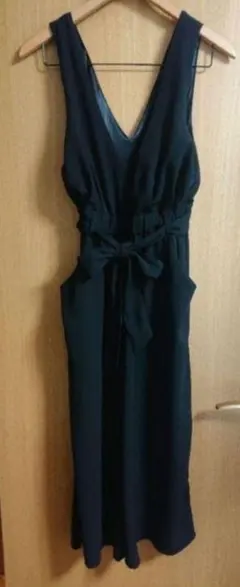 ウエストリボン付きオールインワン サロペット M 黒 ブラック