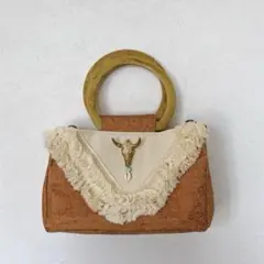 ハンドメイド バッグ　牛の頭モチーフ　ハンドバッグ