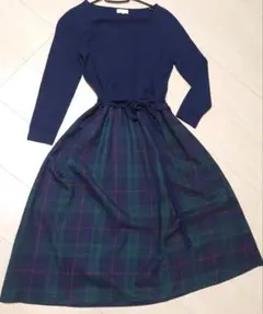 マッキントッシュフィロソフィー　ドッキングワンピース　チェック　ネイビー　ニット