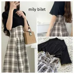 ✨️美品✨️ mily bilet プリーツドッキングチェックワンピース リボン