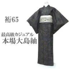 本場大島紬 着物 泥染 7マルキ 草花 こげ茶 裄65 M 中古 sn1341