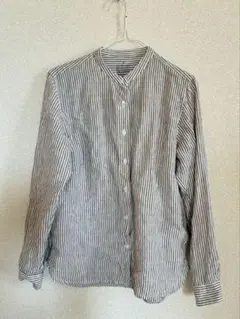 リネン　ストライプ　バンドカラー　長袖シャツ