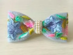 インド刺繍とパールのリボンヘアピン パッチン　フラワーガーデン