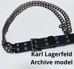 美品希少モデル カールラガーフェルドメタルチェーンベルト メンズ 黒 レザー
