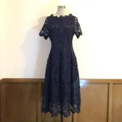 再お値下げ❤️ネイビー　レースミモレ丈ワンピース