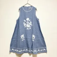 ZARA ノースリーブ　ワンピース　刺繍　花柄　ブルー　デニムライク　麻混 S