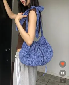 nugu チェックシャーリングリボンショルダーバッグ