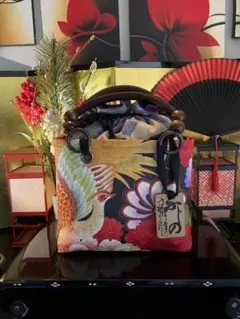 一閑張り　一閑張りバッグ　古文書　和紙　花絵柄　着物　鳳凰　梅　京友禅　牡丹　菊
