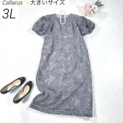 【大きいサイズ 3L】　カラルス　ケミカルレース　ボリューム袖　ワンピースドレス