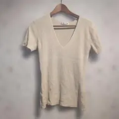 90s Calvin Klein ベージュ Vネック 半袖ニット　Y2K