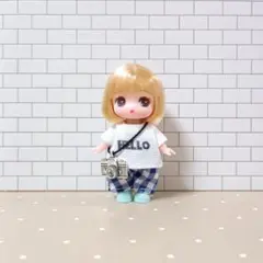 ぷちリカちゃん服　ロゴトップス&チェック柄ボトム・カメラチャームセットのサムネイル