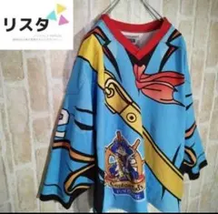 【人気☆ゲームシャツ☆ナンバーロゴ】ヴィンテージ L 水色 総柄 キャラクター