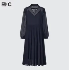 UNIQLO Cシフォンプリーツワンピース ネイビー