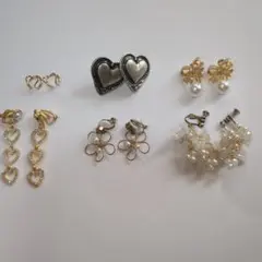 イヤリング　6点セット　パール＆ハート、リボンまとめ売り　レディース