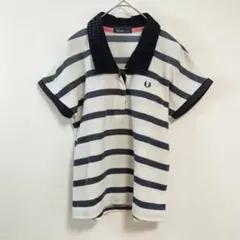 FRED PERRY ポロシャツ M ホワイト ネイビー 刺繍ロゴ ボーダー