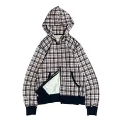 00s OLD UNIQLO 短丈 ダブルジップパーカー 赤紺チェック y2k