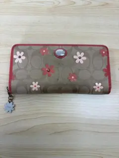 COACH 花柄 長財布 ベージュ/ピンク 箱付き ラウンドファスナー