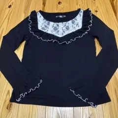 Ank Rouge 首元レース装飾付き長袖トップス　ブラック黒色