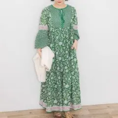 新品　サニーレーベル　MIXフラワープリントコットンワンピース　グリーン