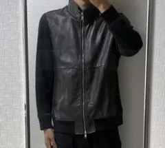 美品 INTERMEZZO レザー×ニット切替 ブルゾン 牛革　L